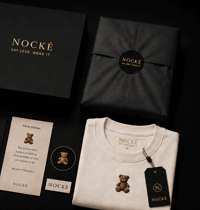 NOCKÉ packaging system with box, tissue wrap, signal card, tags, and folded tee