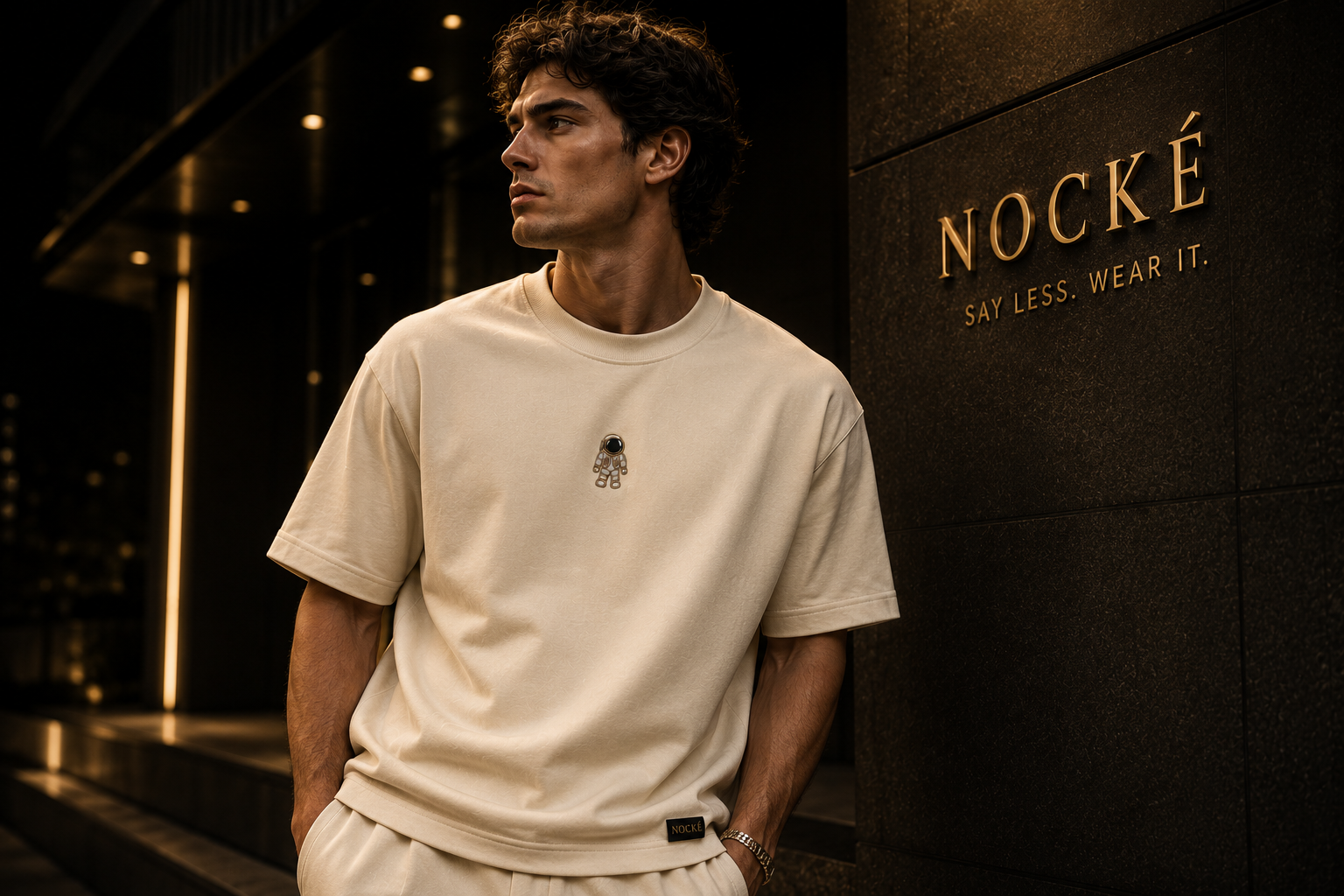 Model wearing a cream NOCKÉ tee in an editorial night campaign